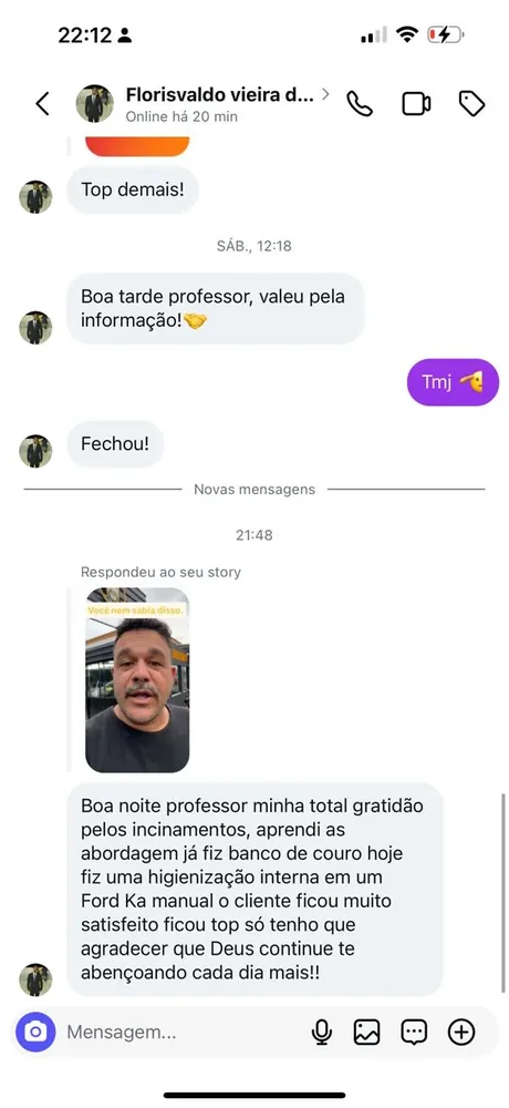 Conversa no WhatsApp com Florisvaldo Vieira relatando resultado com higienização interna